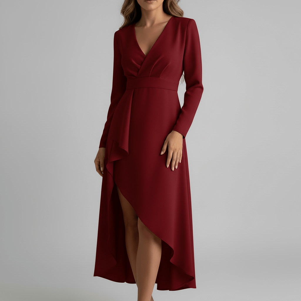 Tanzanix | Asymmetrical midi dress with V-neck-Apparel & Accessories > Clothing > Dresses-Red-XS-Tanzanix