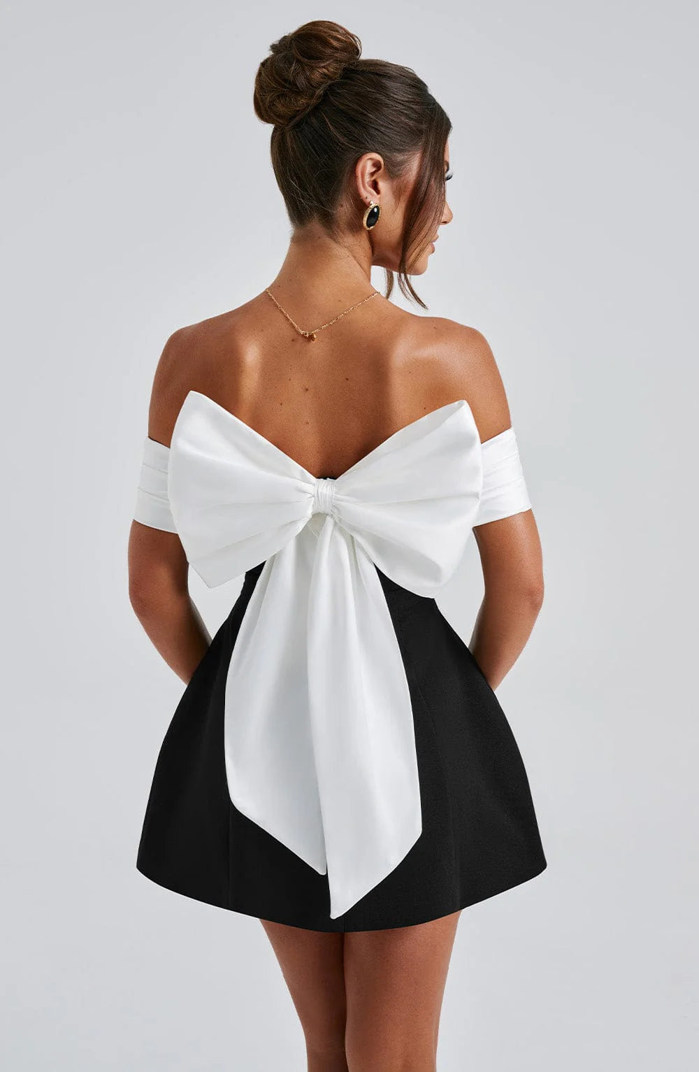 Tanzanix | Bardot neckline mini dress with contoured bubble skirt-Apparel & Accessories > Clothing > Dresses-Tanzanix