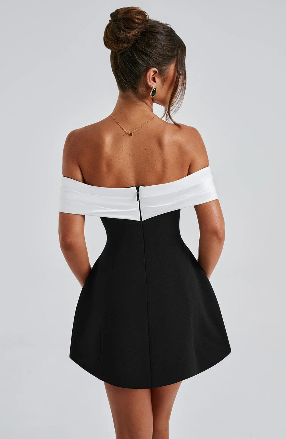 Tanzanix | Bardot neckline mini dress with contoured bubble skirt-Apparel & Accessories > Clothing > Dresses-Tanzanix