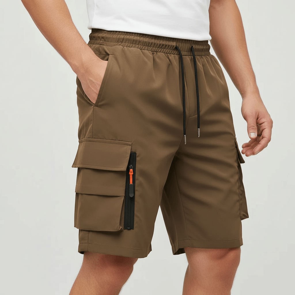 Tanzanix | Breathable cargo shorts with loose cut and zippered pockets-Apparel & Accessories > Clothing > Shorts > Cargo Shorts-Dark Brown-S-Tanzanix