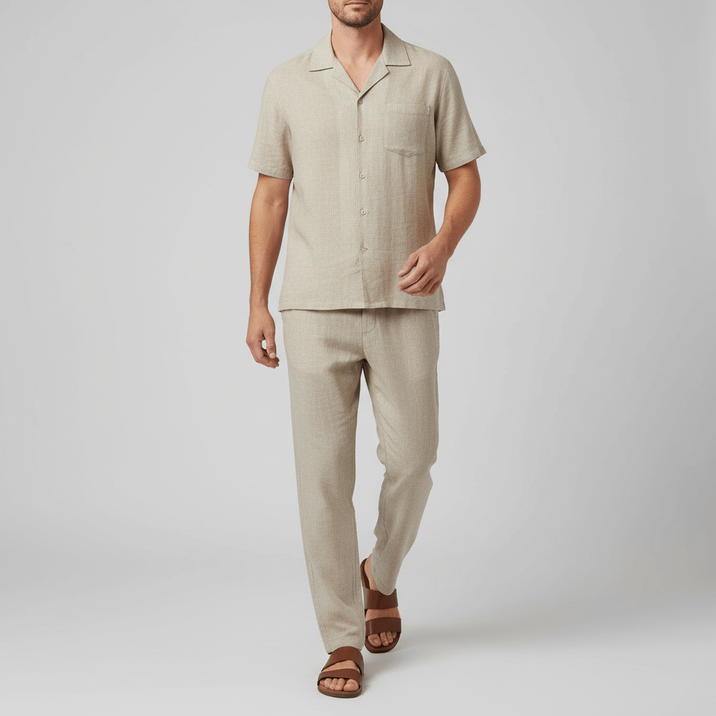 Tanzanix | Breathable linen beach two-piece set-Apparel & Accessories > Clothing > Outfit Sets-Khaki-M-Tanzanix