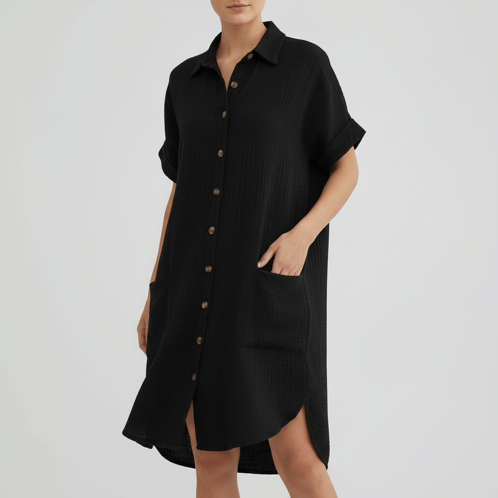 Tanzanix | Comfortable sundress with pockets and collar-Apparel & Accessories > Clothing > Dresses-Black-S-Tanzanix