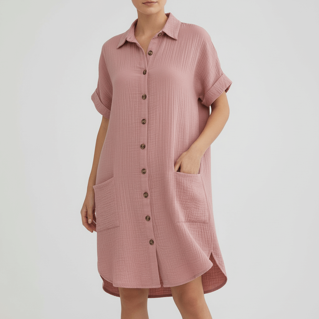 Tanzanix | Comfortable sundress with pockets and collar-Apparel & Accessories > Clothing > Dresses-Pink-S-Tanzanix