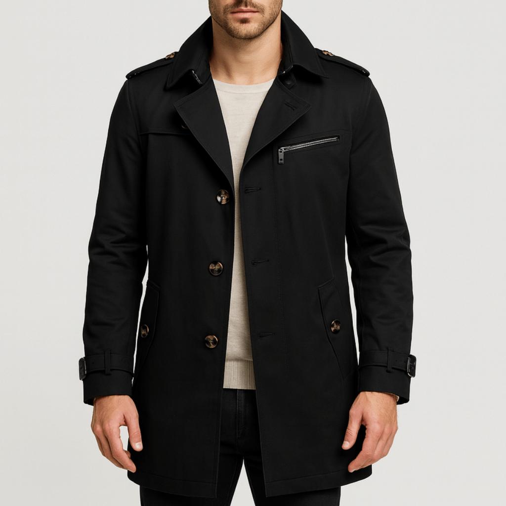 Tanzanix | Cotton trench coat with high neck-Apparel & Accessories > Clothing > Outerwear > Coats & Jackets > Trench Coats-Black-XS-Tanzanix