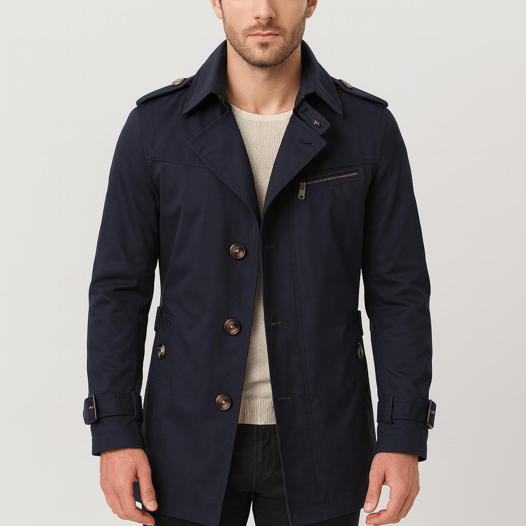 Tanzanix | Cotton trench coat with high neck-Apparel & Accessories > Clothing > Outerwear > Coats & Jackets > Trench Coats-Blue-XS-Tanzanix