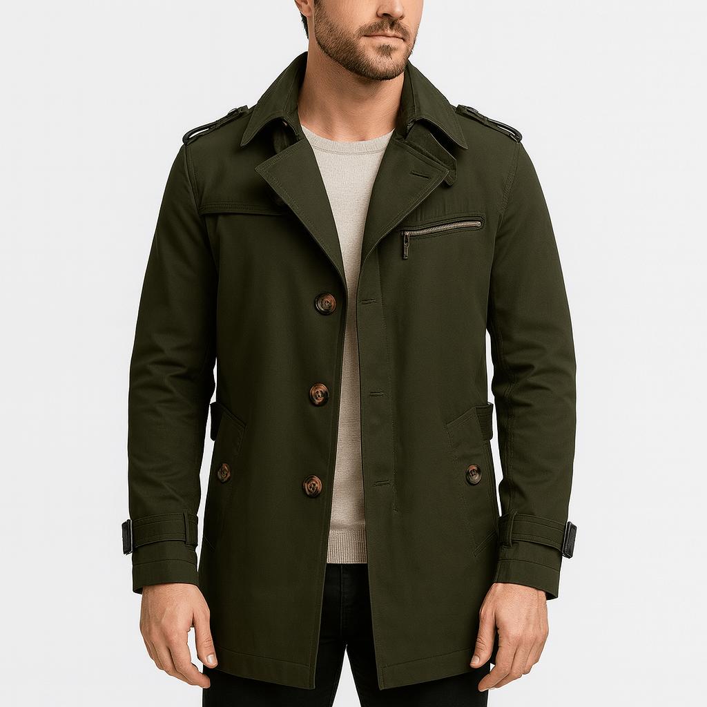 Tanzanix | Cotton trench coat with high neck-Apparel & Accessories > Clothing > Outerwear > Coats & Jackets > Trench Coats-Green-XS-Tanzanix
