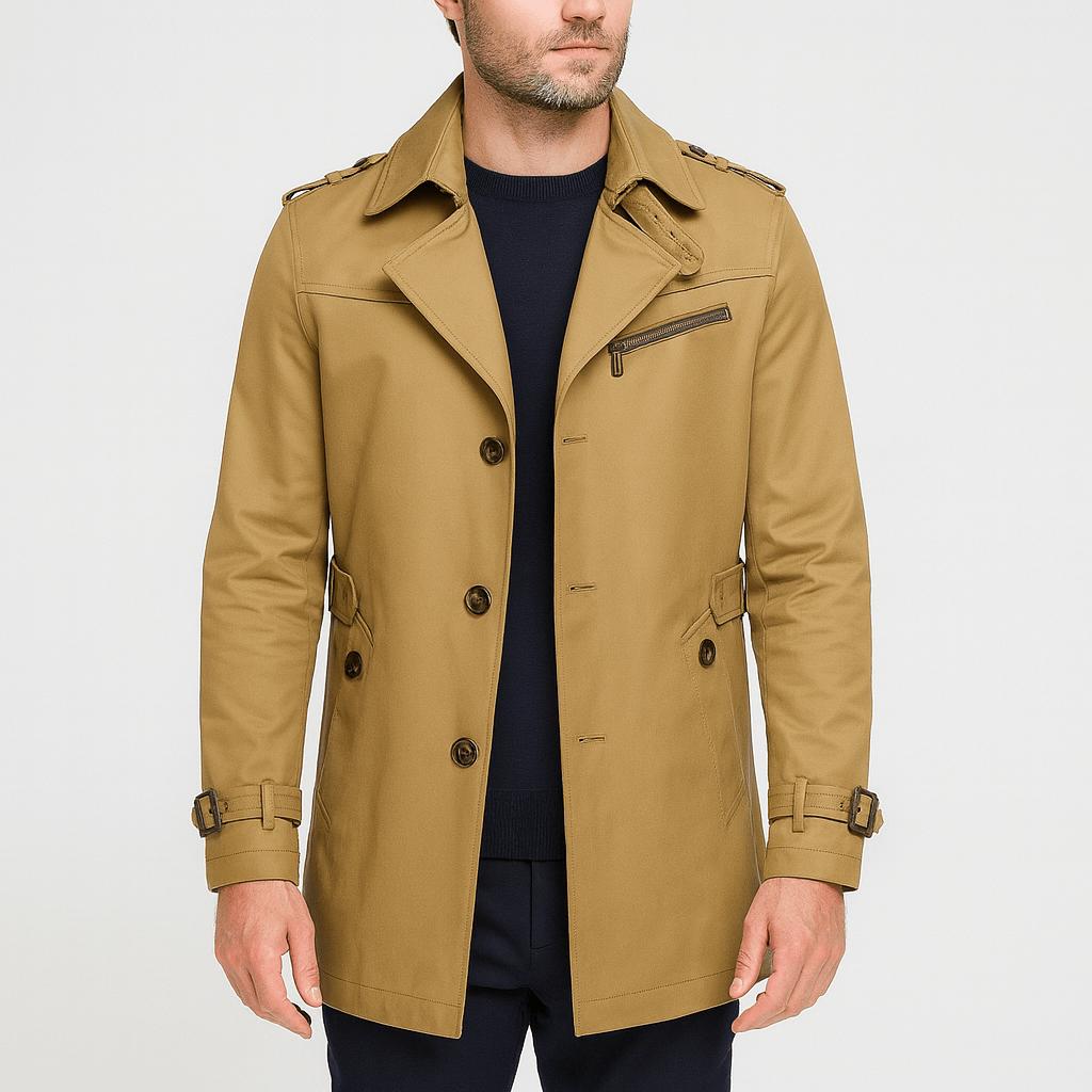 Tanzanix | Cotton trench coat with high neck-Apparel & Accessories > Clothing > Outerwear > Coats & Jackets > Trench Coats-Khaki-XS-Tanzanix