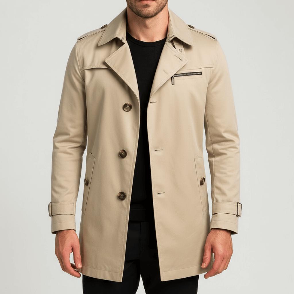 Tanzanix | Cotton trench coat with high neck-Apparel & Accessories > Clothing > Outerwear > Coats & Jackets > Trench Coats-Light Khaki-XS-Tanzanix