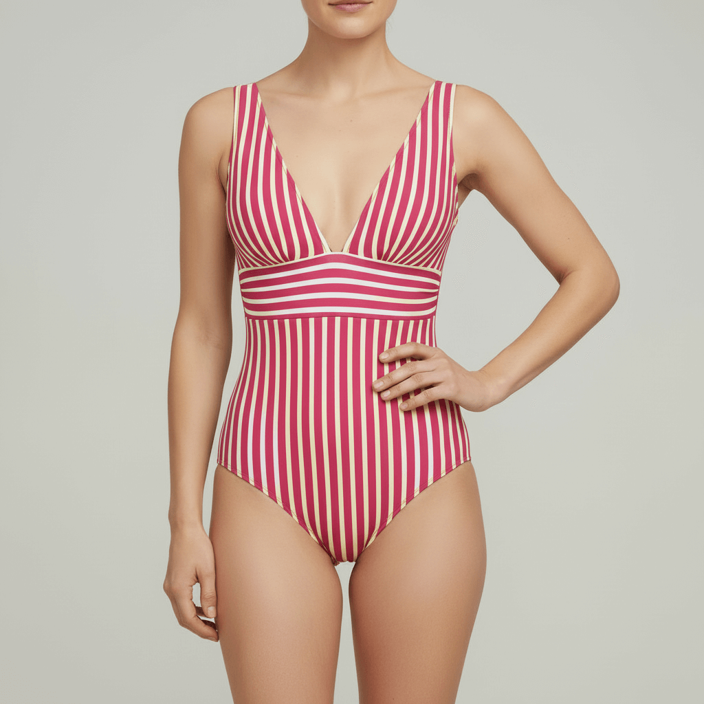 Tanzanix | Deep V-neck striped one-piece swimsuit-Apparel & Accessories > Clothing > Swimwear > One-Piece Swimsuits-Red-S-Tanzanix