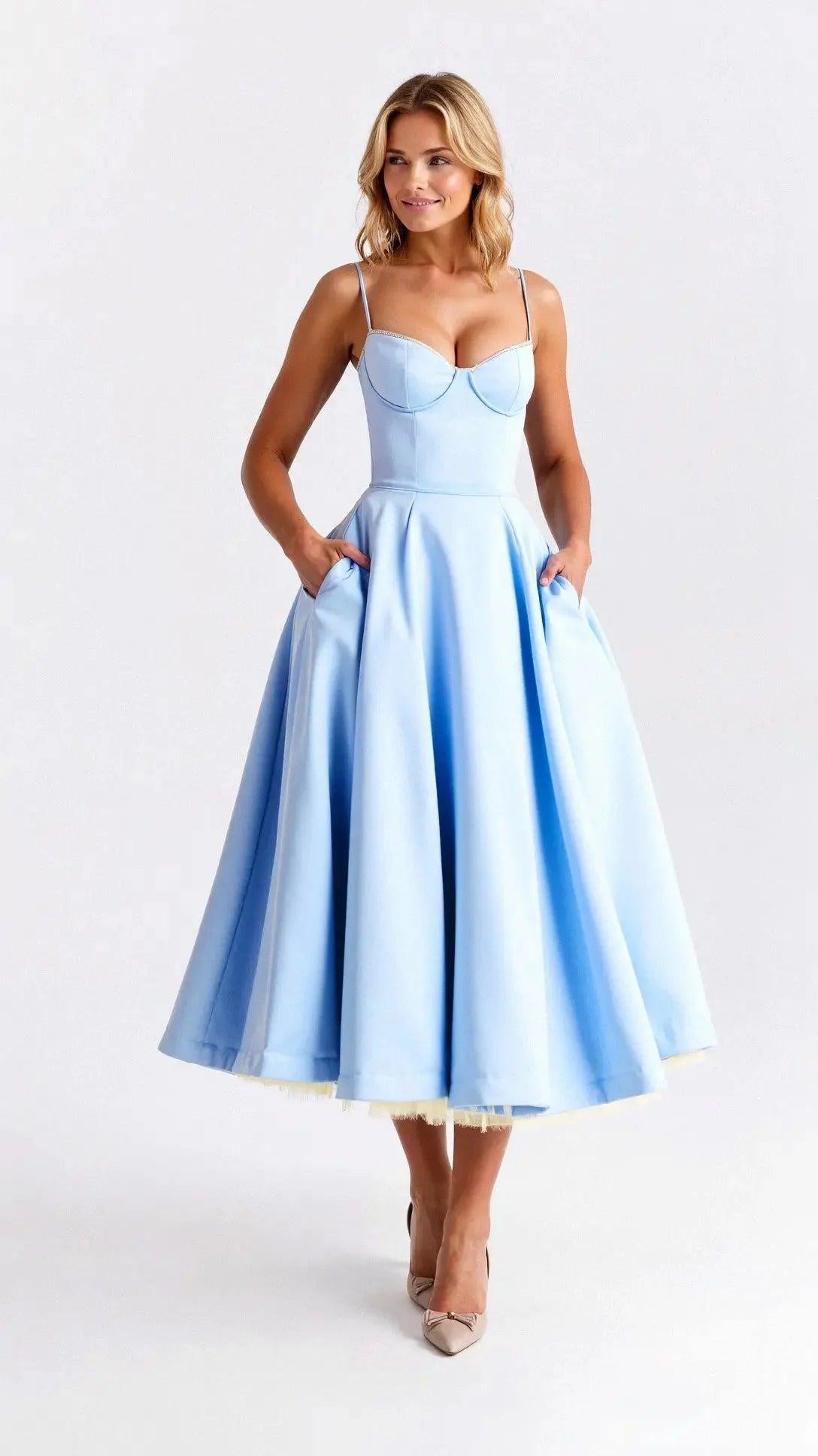 Tanzanix | Elegant multi-layered tulle midi dress-Apparel & Accessories > Clothing > Dresses-Blue-XS-Tanzanix