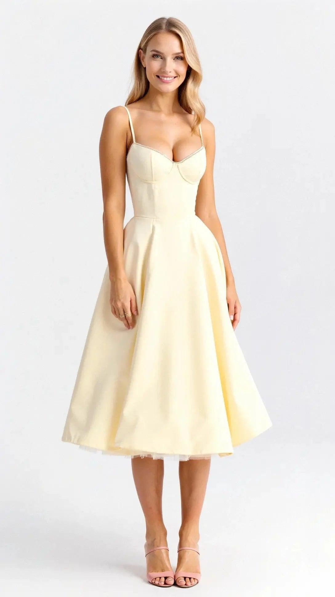 Tanzanix | Elegant multi-layered tulle midi dress-Apparel & Accessories > Clothing > Dresses-Yellow-XS-Tanzanix