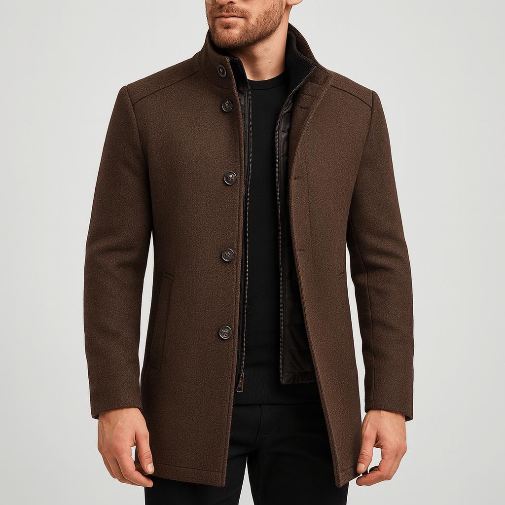 Tanzanix | Elegant woolen coat with high collar-Apparel & Accessories > Clothing > Outerwear > Coats & Jackets > Overcoats-Brown-S-Tanzanix