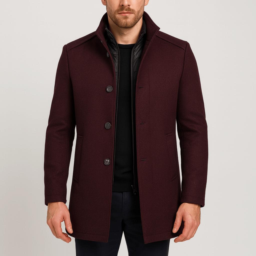 Tanzanix | Elegant woolen coat with high collar-Apparel & Accessories > Clothing > Outerwear > Coats & Jackets > Overcoats-Red-S-Tanzanix