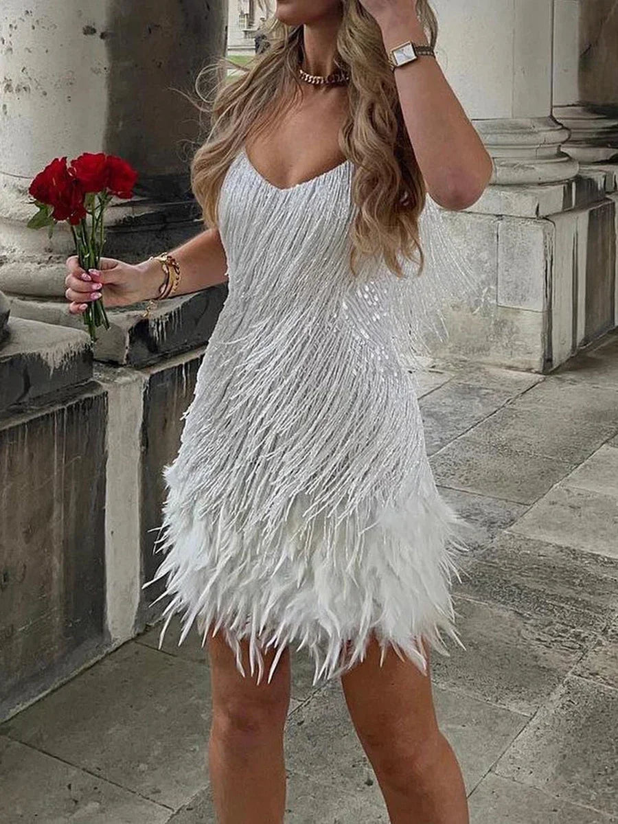 Tanzanix | Feather mini dress with structured bodice and modern fringes-Apparel & Accessories > Clothing > Dresses-Tanzanix