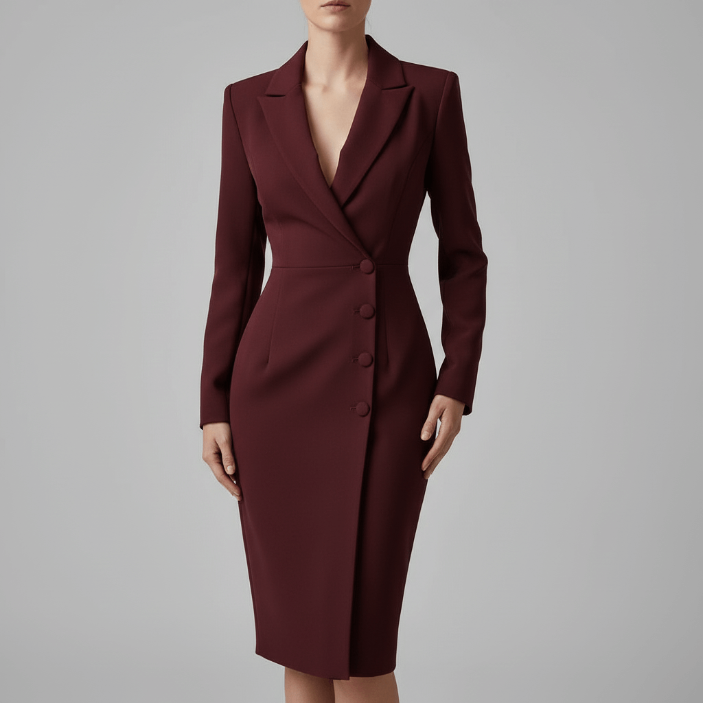 Tanzanix | Fitted lapel midi dress-Apparel & Accessories > Clothing > Dresses-Burgundy-XS-Tanzanix