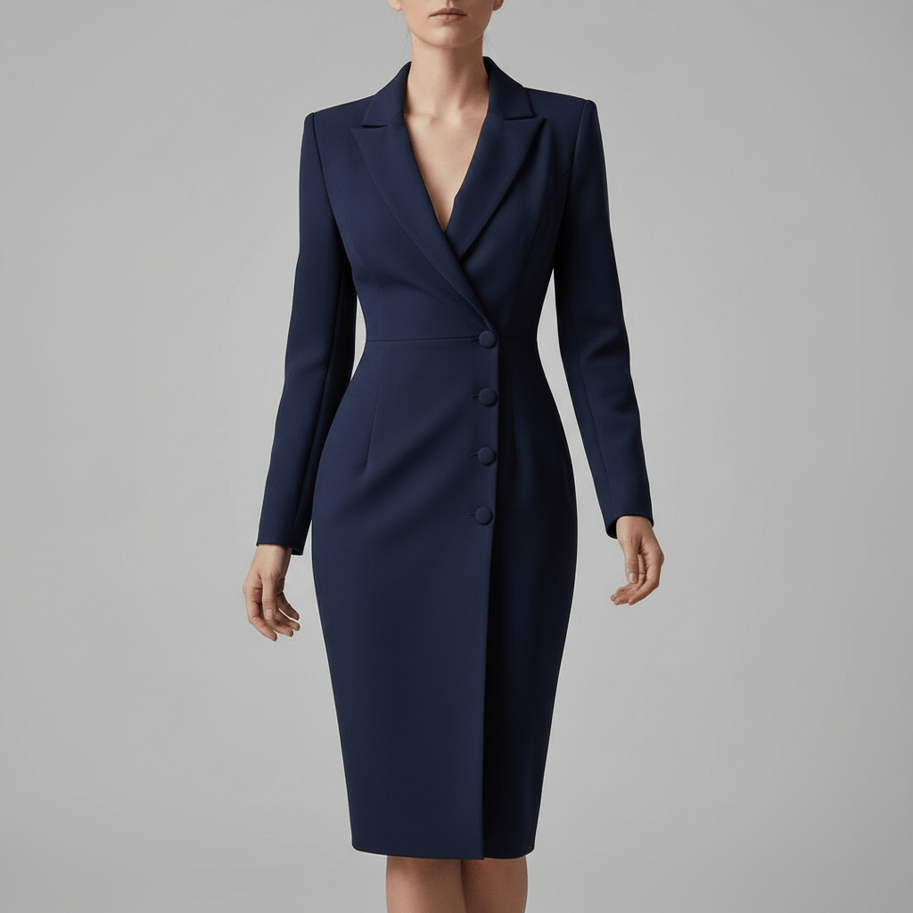 Tanzanix | Fitted lapel midi dress-Apparel & Accessories > Clothing > Dresses-Navy-XS-Tanzanix