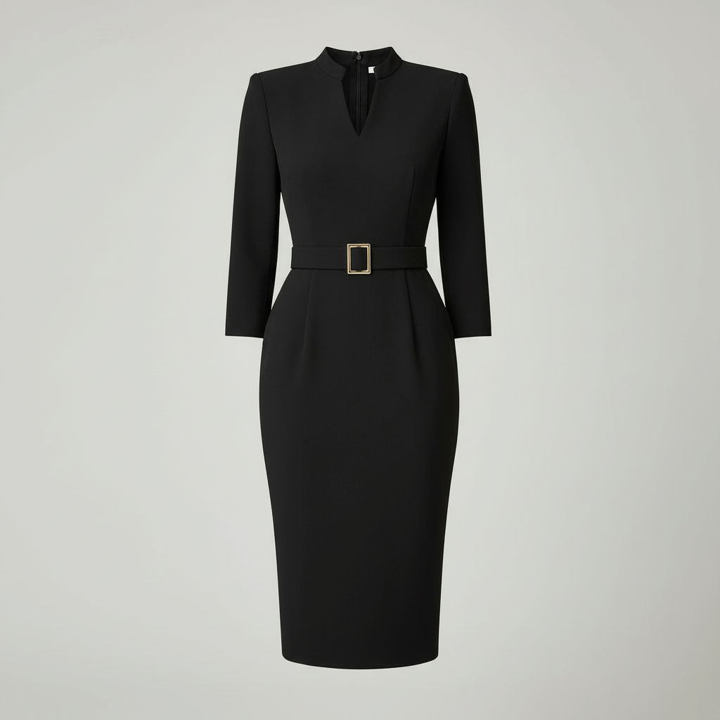 Tanzanix | Fitted midi dress with collar and belt-Apparel & Accessories > Clothing > Dresses-Tanzanix