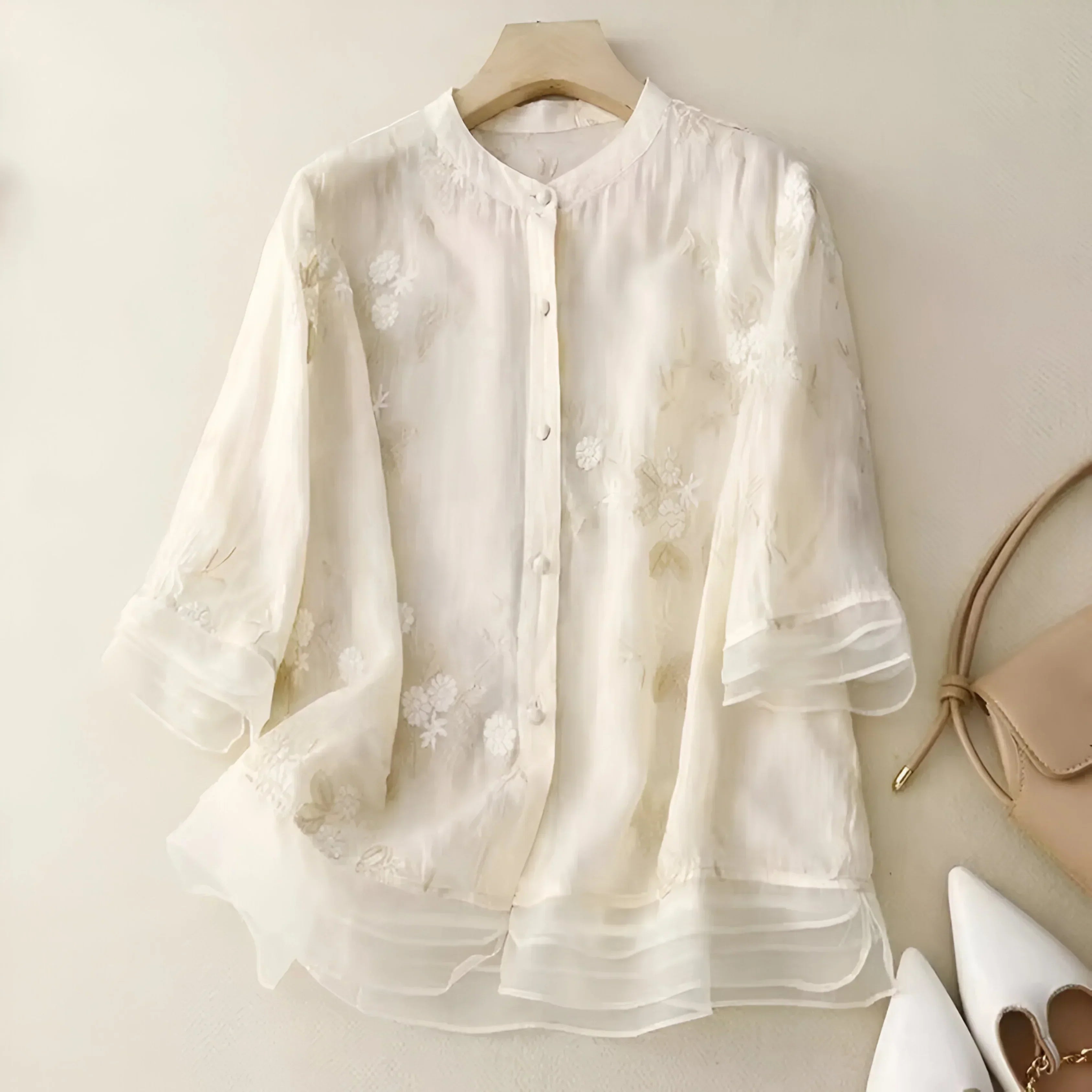 Tanzanix | Floral embroidery loose blouse-Apparel & Accessories > Clothing > Clothing Tops > Blouses-Beige-S-Tanzanix