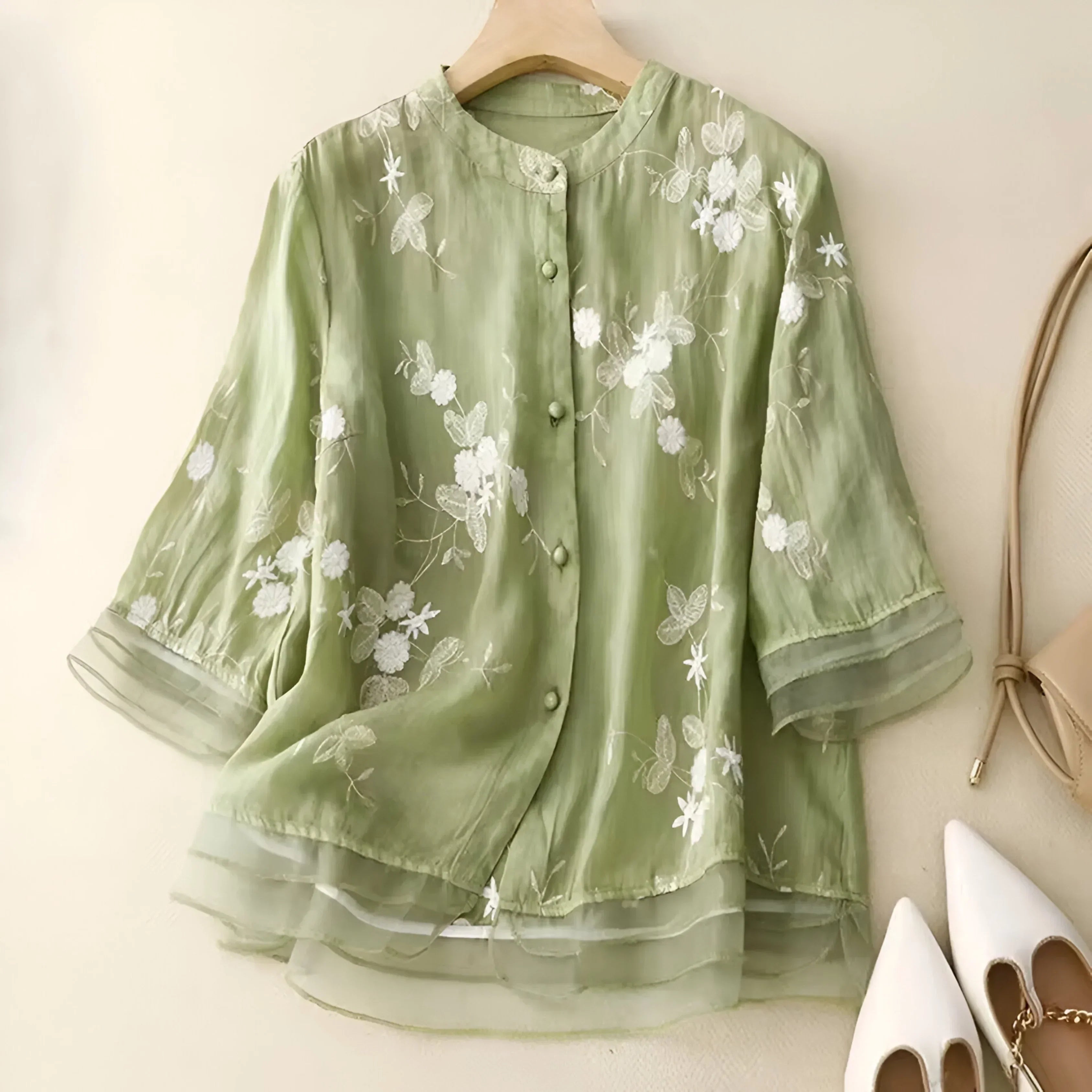 Tanzanix | Floral embroidery loose blouse-Apparel & Accessories > Clothing > Clothing Tops > Blouses-Green-S-Tanzanix