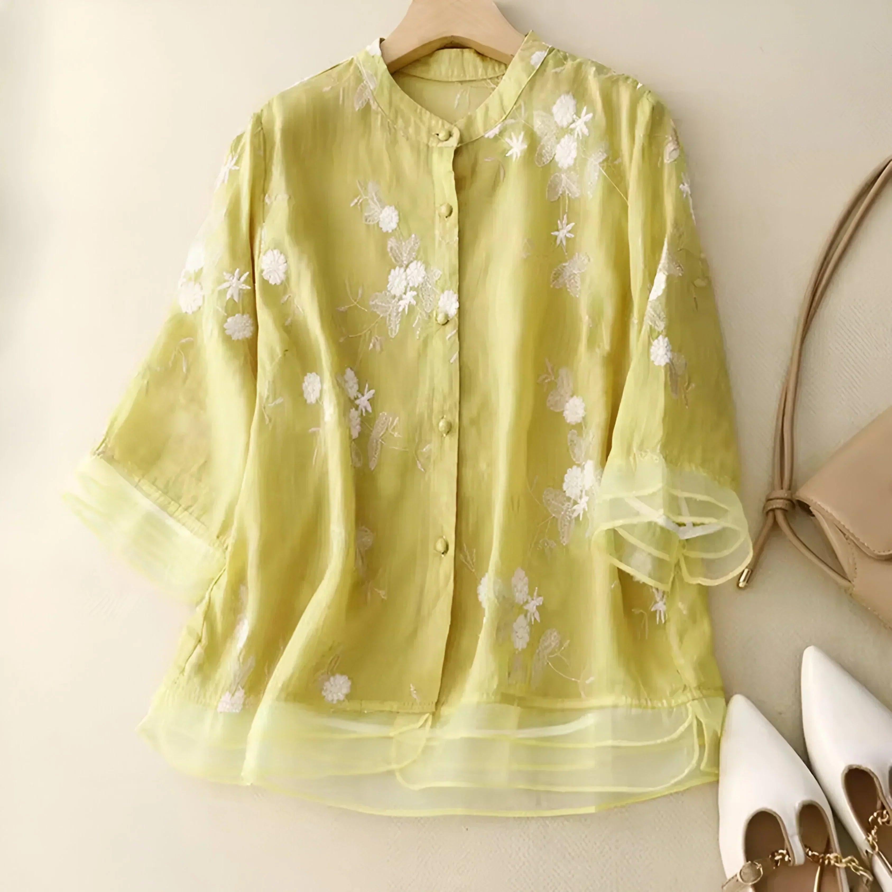 Tanzanix | Floral embroidery loose blouse-Apparel & Accessories > Clothing > Clothing Tops > Blouses-Yellow-S-Tanzanix
