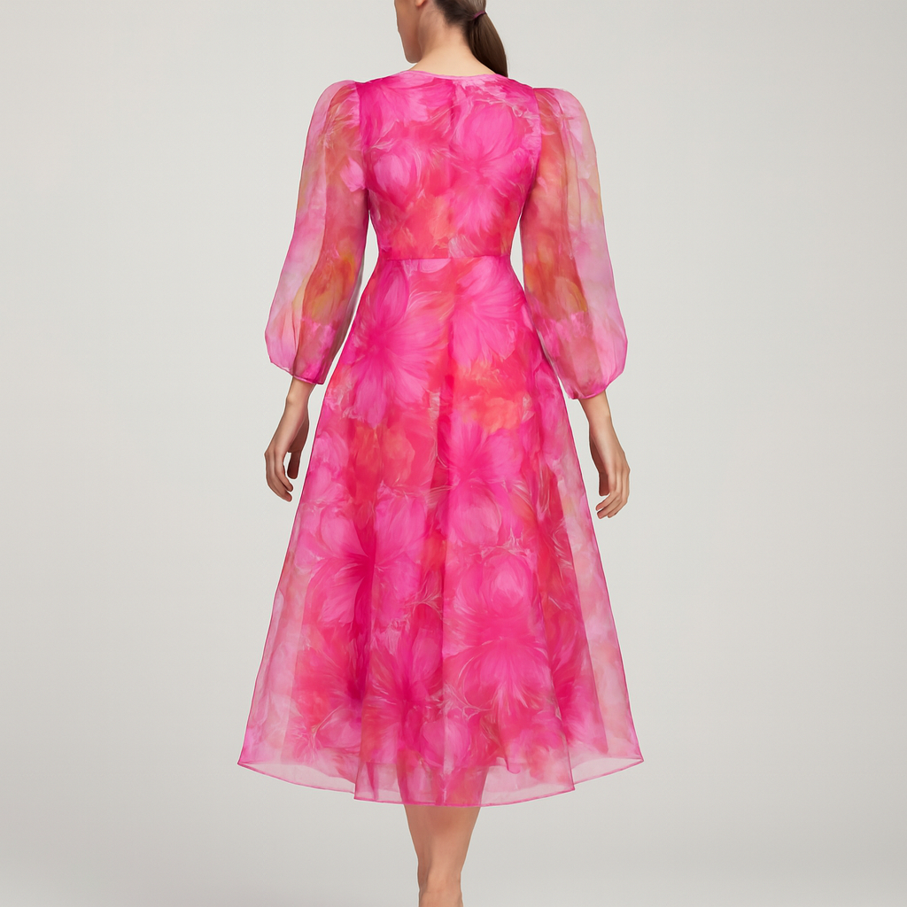 Tanzanix | Floral midi dress with puffy sleeves-Apparel & Accessories > Clothing > Dresses-Tanzanix