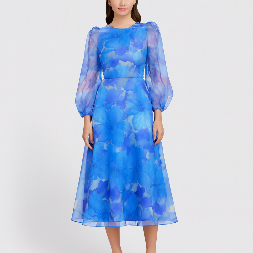 Tanzanix | Floral midi dress with puffy sleeves-Apparel & Accessories > Clothing > Dresses-Dark Cyan-S-Tanzanix