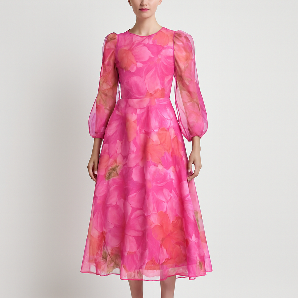 Tanzanix | Floral midi dress with puffy sleeves-Apparel & Accessories > Clothing > Dresses-Pink-S-Tanzanix
