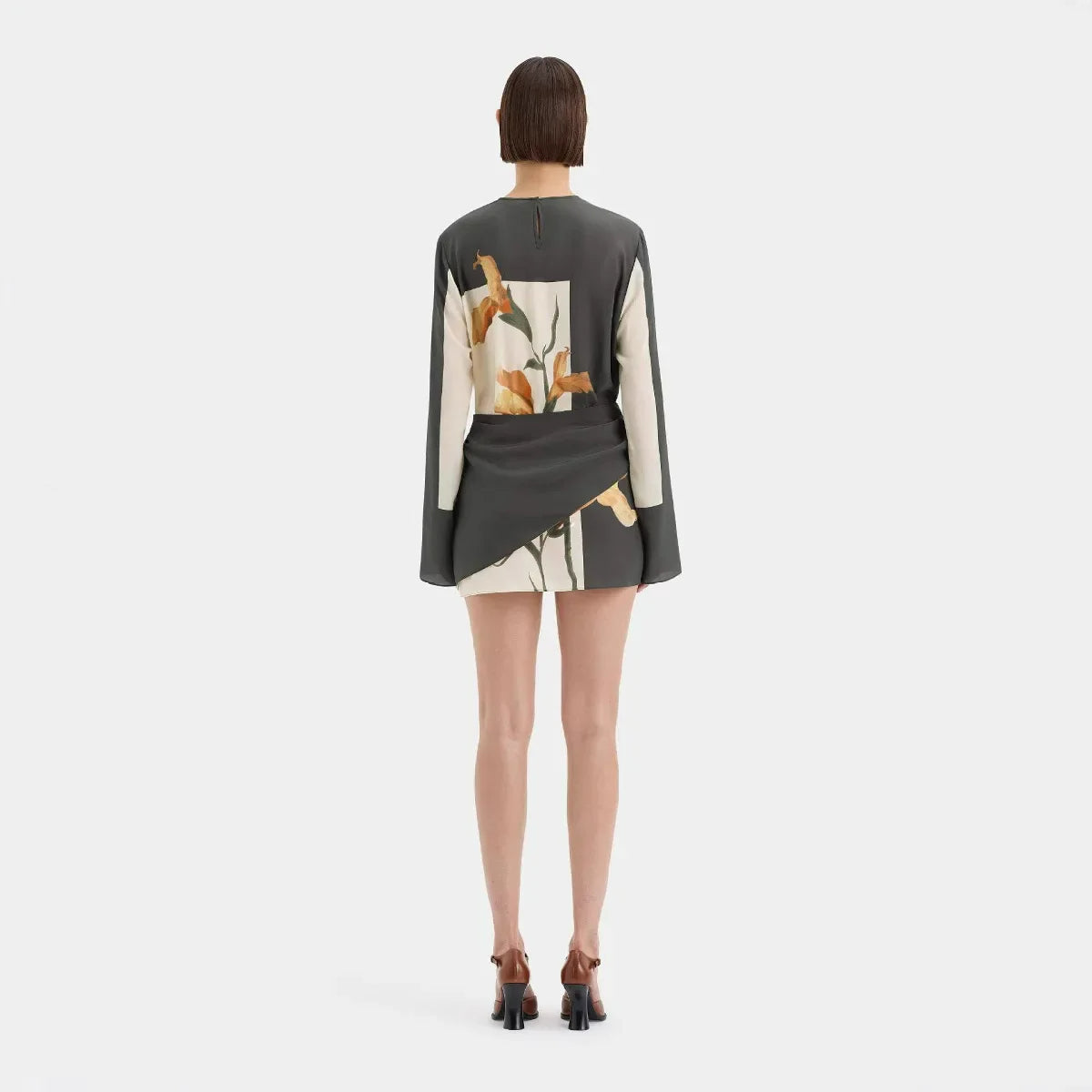 Tanzanix | Floral print mini dress with draped overlay and flared sleeves-Apparel & Accessories > Clothing > Dresses-Tanzanix