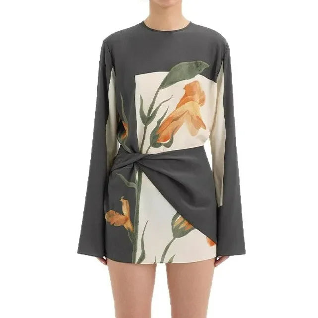 Tanzanix | Floral print mini dress with draped overlay and flared sleeves-Apparel & Accessories > Clothing > Dresses-Tanzanix