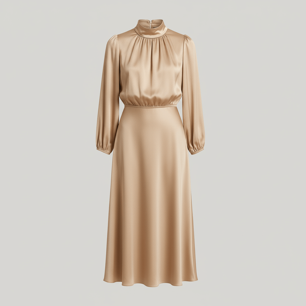 Tanzanix | High neckline long sleeve midi dress-Apparel & Accessories > Clothing > Dresses-Tanzanix