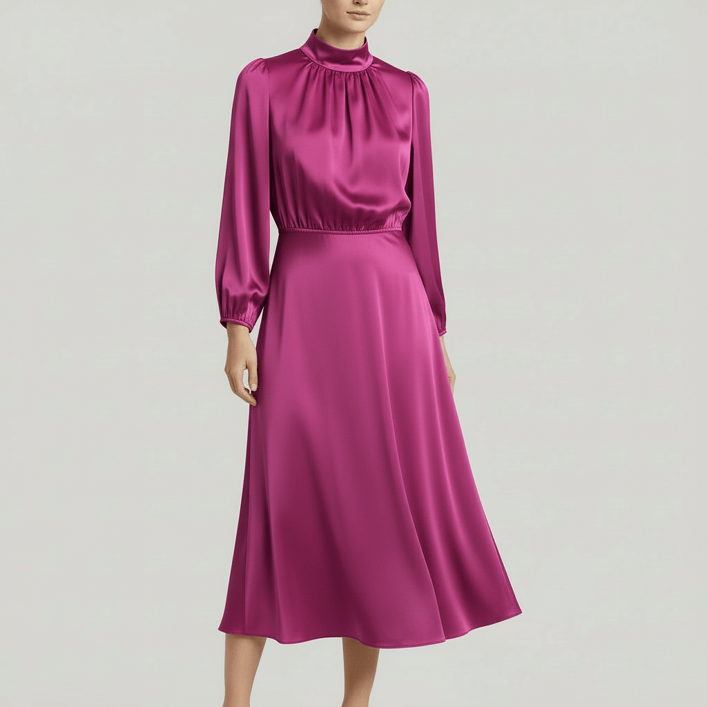 Tanzanix | High neckline long sleeve midi dress-Apparel & Accessories > Clothing > Dresses-Pink-S-Tanzanix