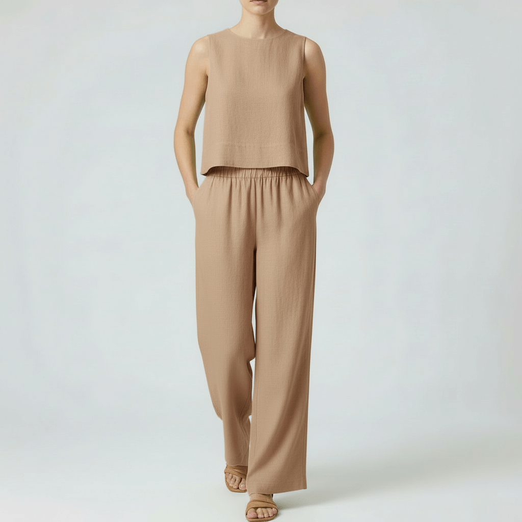 Tanzanix | Lightweight linen two-piece set-Apparel & Accessories > Clothing > Outfit Sets-Brown-XS-Tanzanix
