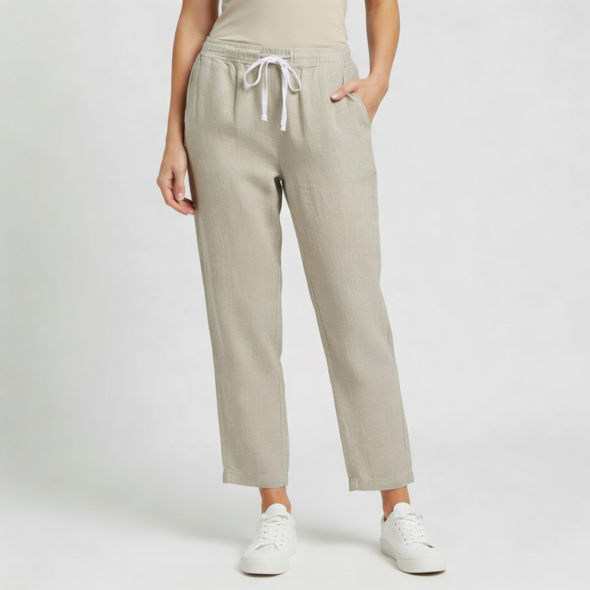 Tanzanix | Linen blend trousers with drawstring-Apparel & Accessories > Clothing > Pants > Trousers-Beige-XS-Tanzanix