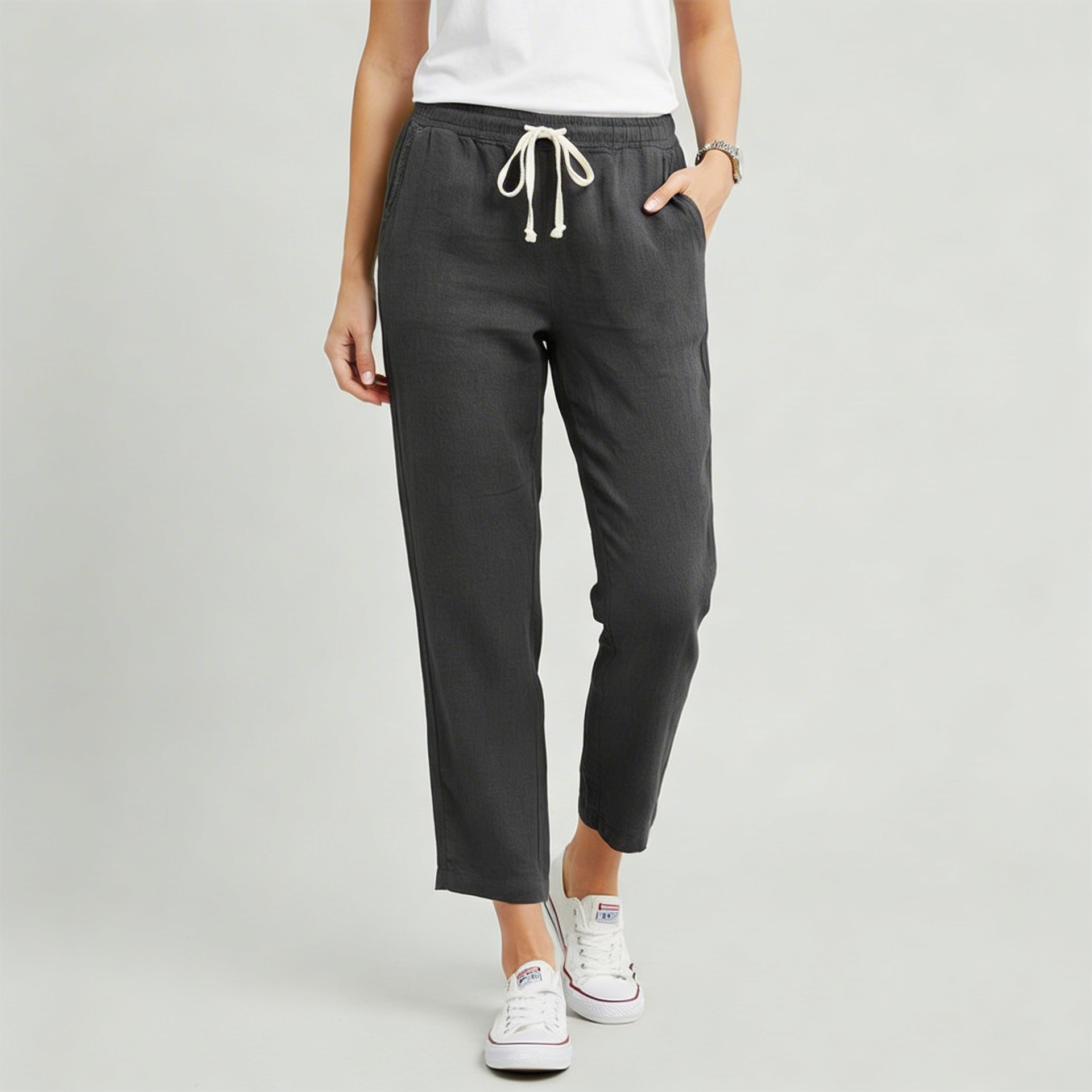 Tanzanix | Linen blend trousers with drawstring-Apparel & Accessories > Clothing > Pants > Trousers-Black-XS-Tanzanix