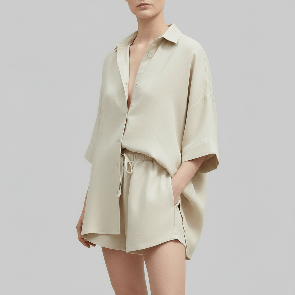 Tanzanix | Loose linen summer two-piece set-Apparel & Accessories > Clothing > Outfit Sets-Beige-XS-Tanzanix