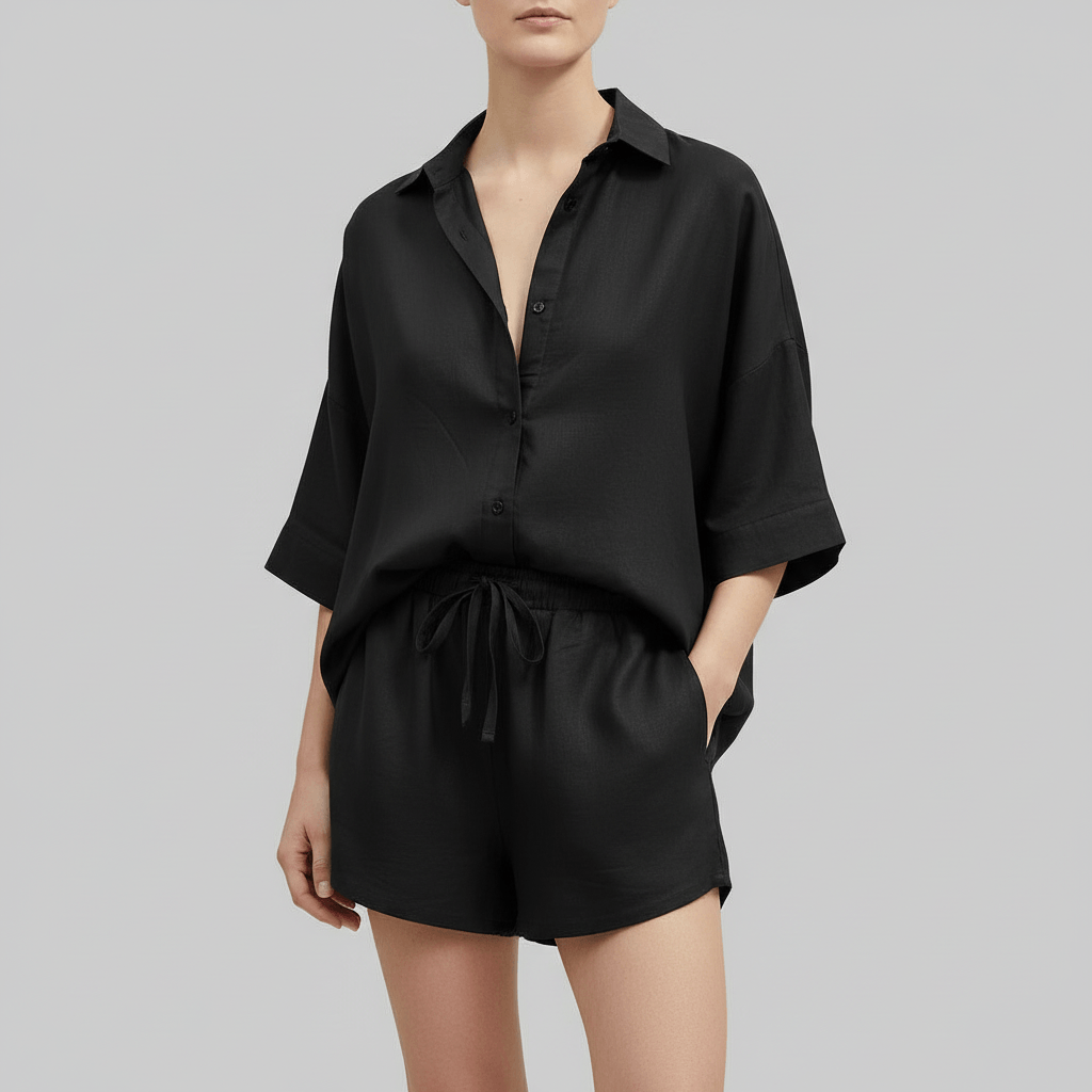 Tanzanix | Loose linen summer two-piece set-Apparel & Accessories > Clothing > Outfit Sets-Black-XS-Tanzanix