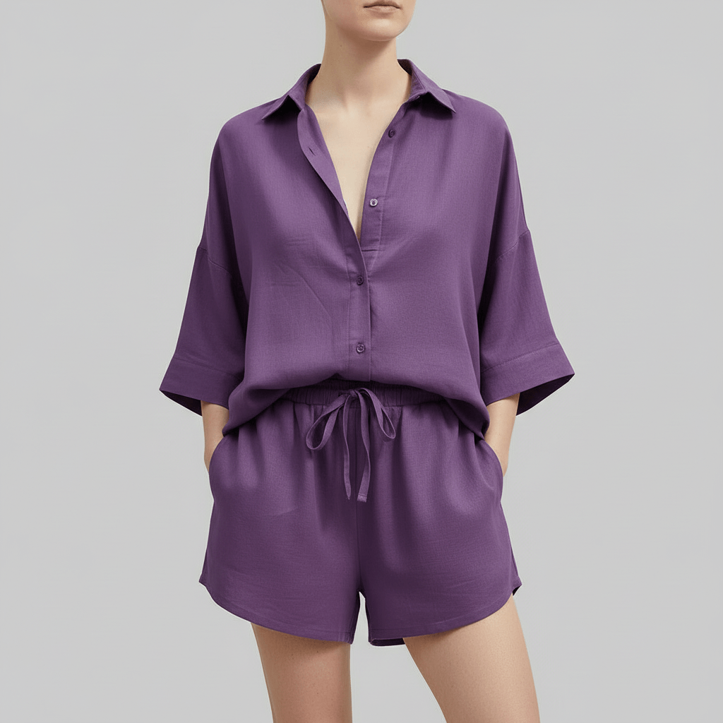 Tanzanix | Loose linen summer two-piece set-Apparel & Accessories > Clothing > Outfit Sets-Purple-XS-Tanzanix
