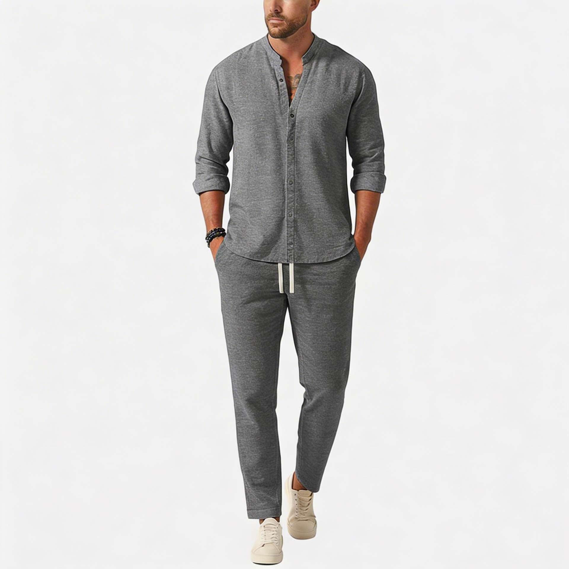 Tanzanix | Loose top and fitted trousers linen two-piece set-Apparel & Accessories > Clothing > Outfit Sets-Gray-S-Tanzanix