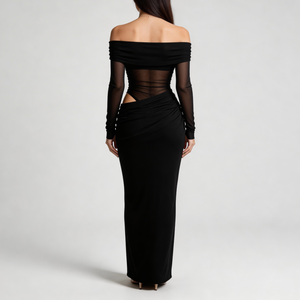 Tanzanix | Off-the shoulder mesh long sleeve maxi dress-Apparel & Accessories > Clothing > Dresses-Tanzanix