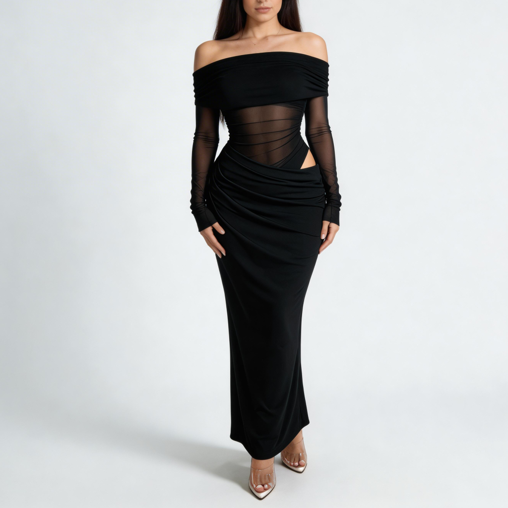 Tanzanix | Off-the shoulder mesh long sleeve maxi dress-Apparel & Accessories > Clothing > Dresses-Black-XS-Tanzanix