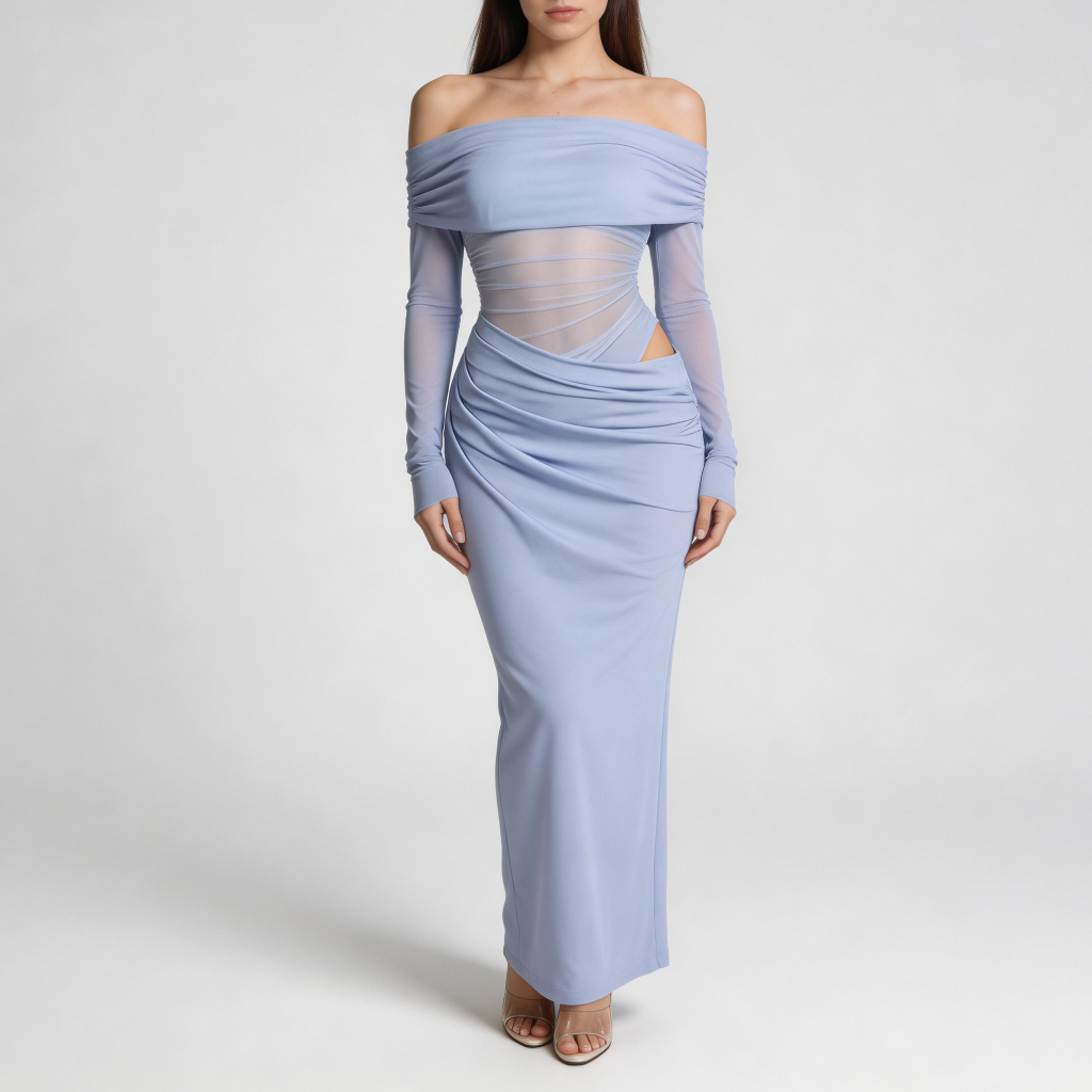 Tanzanix | Off-the shoulder mesh long sleeve maxi dress-Apparel & Accessories > Clothing > Dresses-Purple-XS-Tanzanix