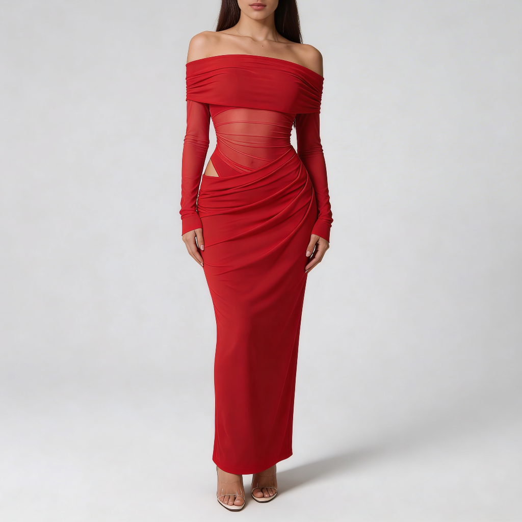 Tanzanix | Off-the shoulder mesh long sleeve maxi dress-Apparel & Accessories > Clothing > Dresses-Red-XS-Tanzanix