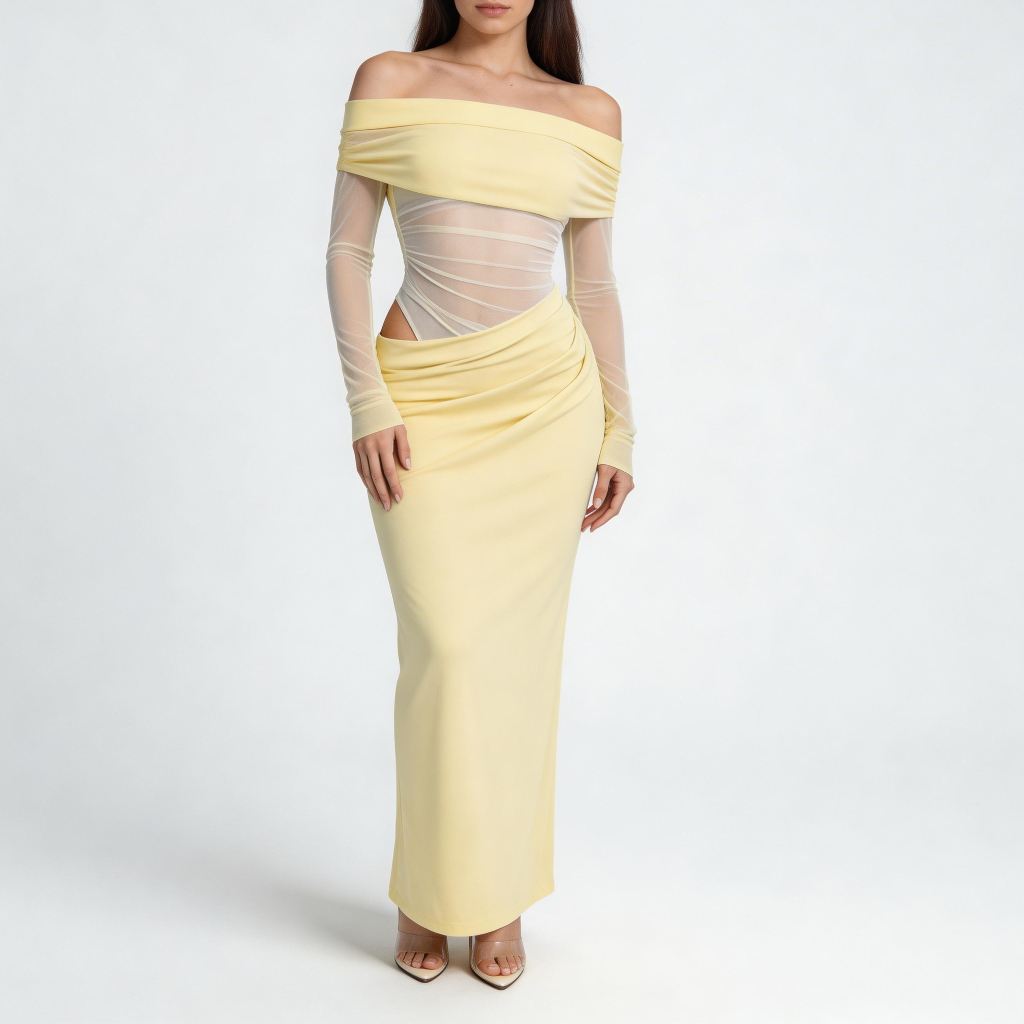 Tanzanix | Off-the shoulder mesh long sleeve maxi dress-Apparel & Accessories > Clothing > Dresses-Yellow-XS-Tanzanix