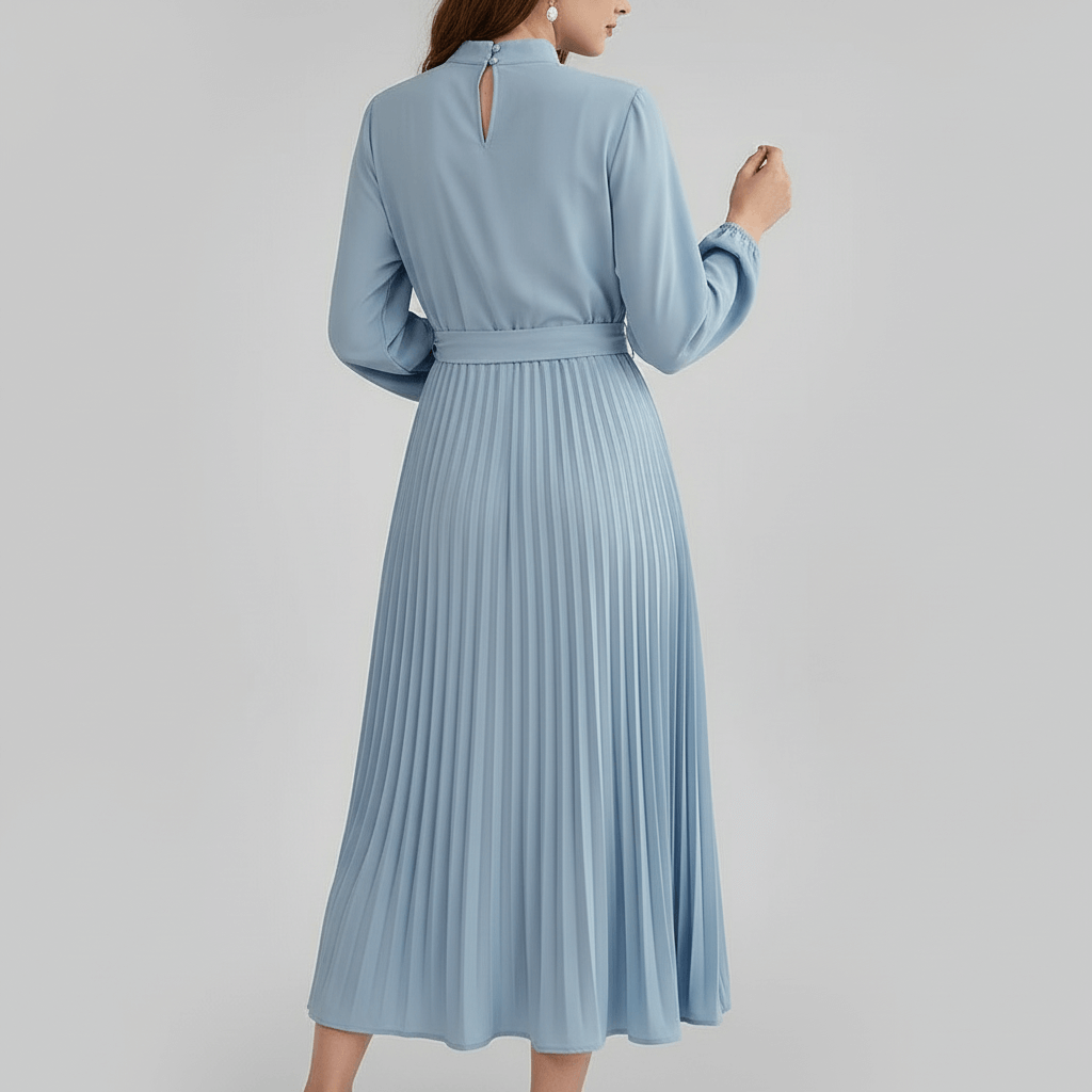 Tanzanix | Pleated long sleeve midi dress with belt-Apparel & Accessories > Clothing > Dresses-Tanzanix