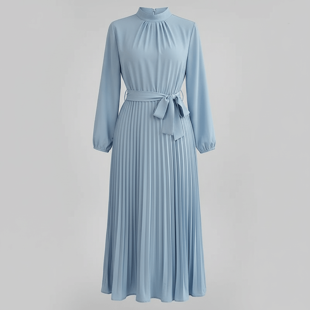 Tanzanix | Pleated long sleeve midi dress with belt-Apparel & Accessories > Clothing > Dresses-Tanzanix