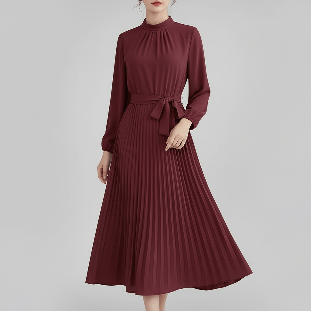 Tanzanix | Pleated long sleeve midi dress with belt-Apparel & Accessories > Clothing > Dresses-Burgundy-S-Tanzanix