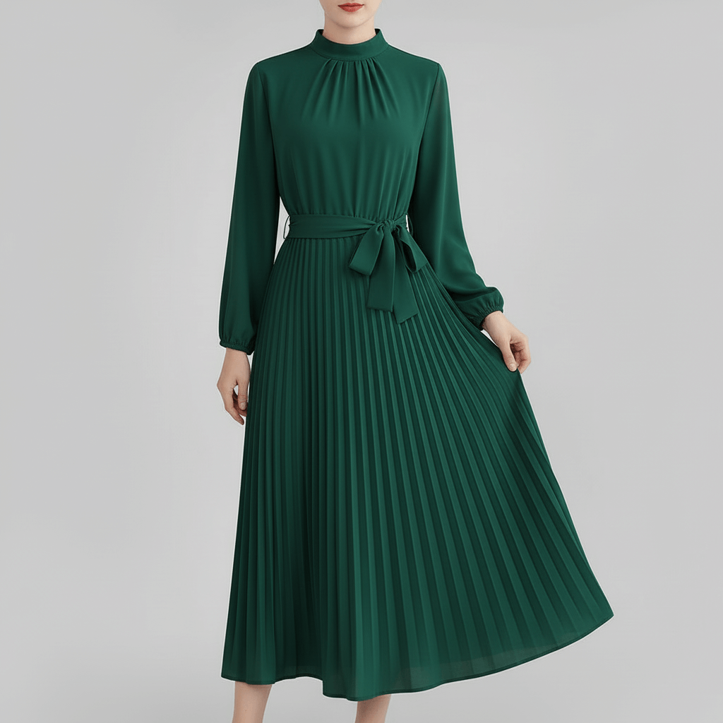 Tanzanix | Pleated long sleeve midi dress with belt-Apparel & Accessories > Clothing > Dresses-Green-S-Tanzanix