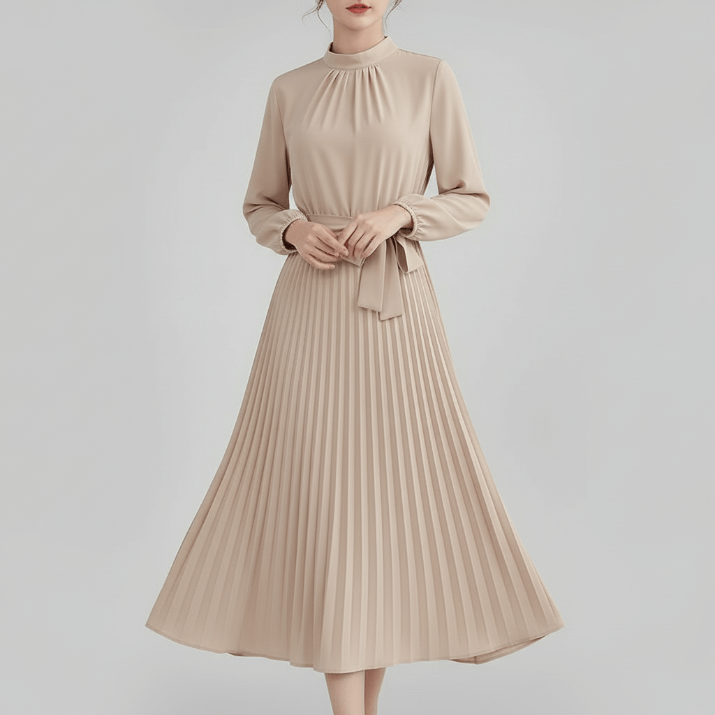 Tanzanix | Pleated long sleeve midi dress with belt-Apparel & Accessories > Clothing > Dresses-Khaki-S-Tanzanix