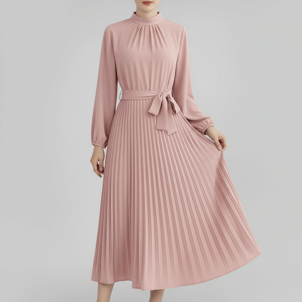 Tanzanix | Pleated long sleeve midi dress with belt-Apparel & Accessories > Clothing > Dresses-Pink-S-Tanzanix