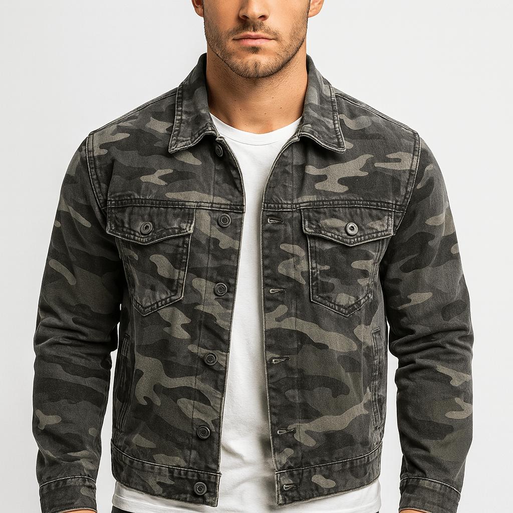 Tanzanix | Retro-inspired camouflage canvas denim jacket-Apparel & Accessories > Clothing > Outerwear > Coats & Jackets-Gray-S-Tanzanix